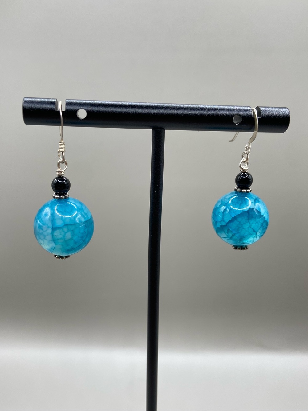 Sterling Silver Aqua Crackle Glass Onyx Bead Earrings